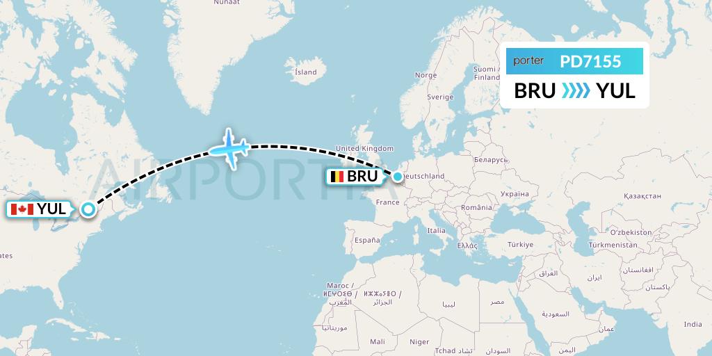 PD7155 Porter Airlines Flight Map: Brussels to Montreal