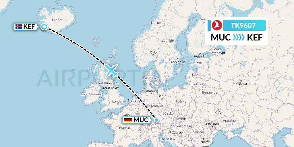 TK9607 Turkish Airlines Flight Map: Munich to Reykjavik