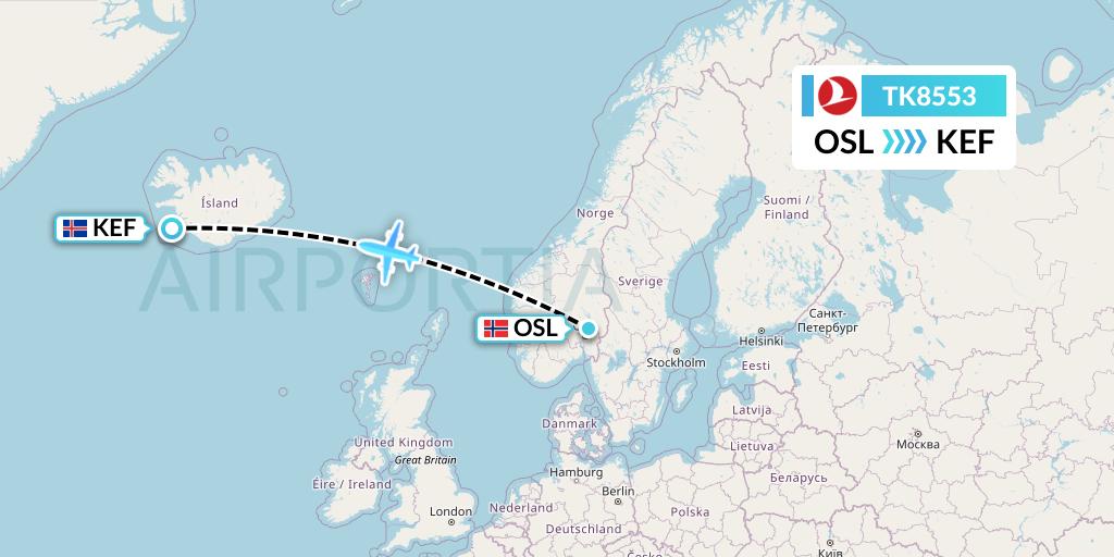 TK8553 Turkish Airlines Flight Map: Oslo to Reykjavik