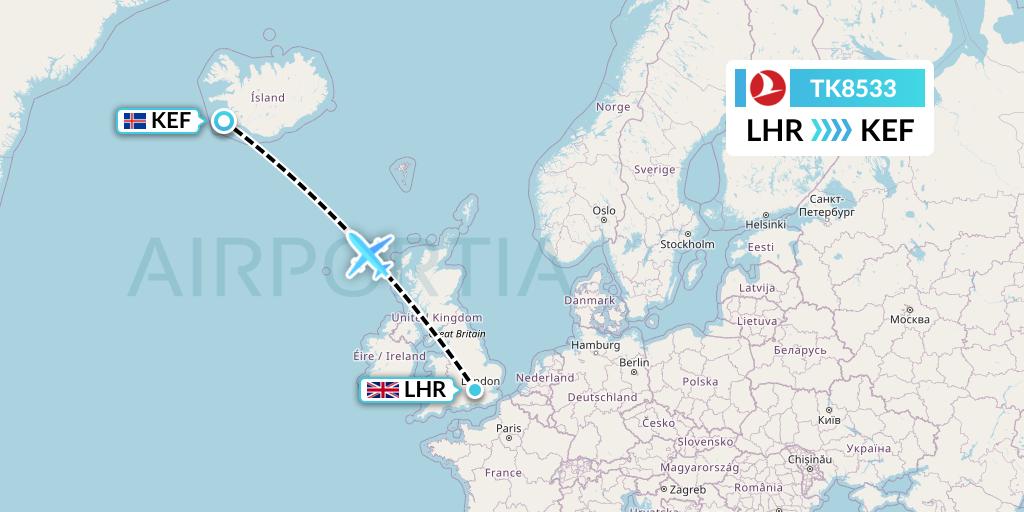 TK8533 Turkish Airlines Flight Map: London to Reykjavik