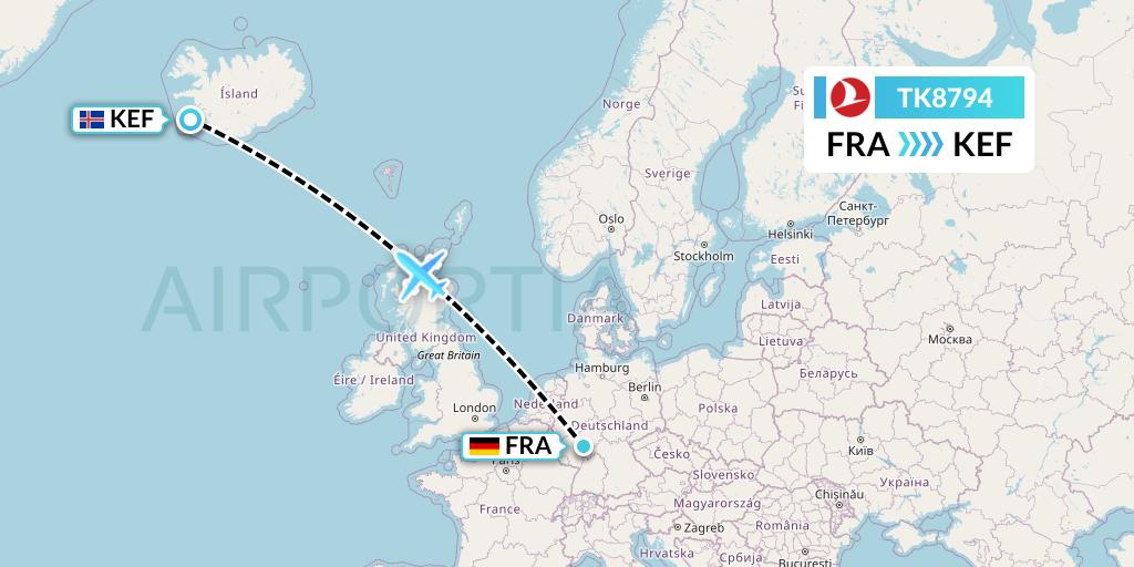 TK8794 Turkish Airlines Flight Map: Frankfurt to Reykjavik