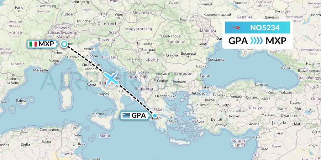 NO5234 Neos Flight Map: Patras to Milan