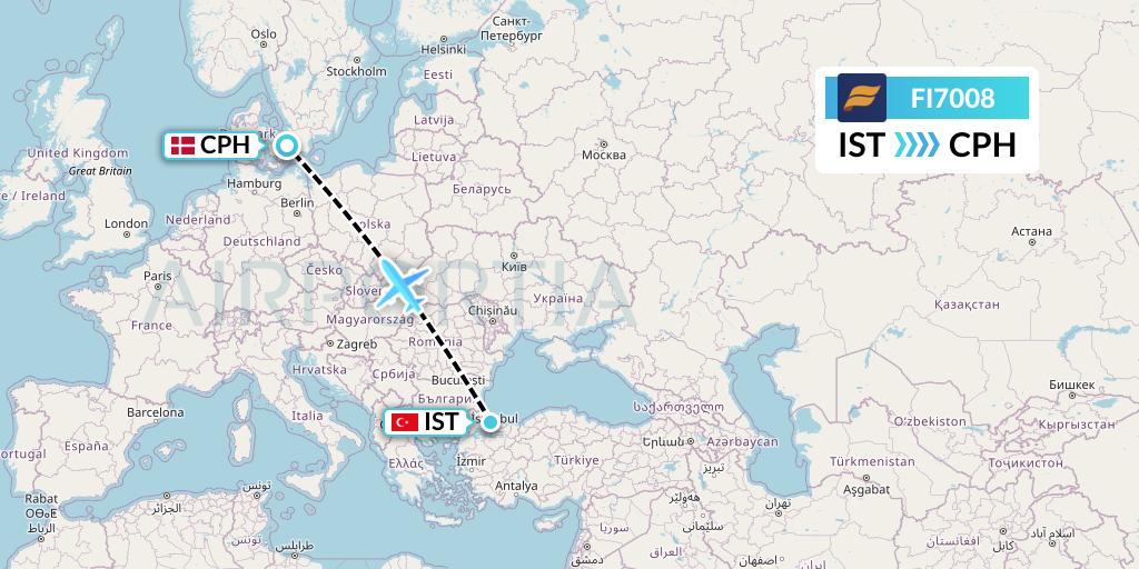 FI7008 Icelandair Flight Map: Istanbul to Copenhagen
