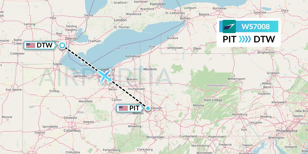 WS7008 WestJet Flight Map: Pittsburgh to Detroit