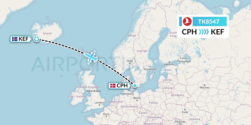 TK8547 Turkish Airlines Flight Map: Copenhagen to Reykjavik