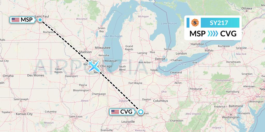 SY217 Sun Country Airlines Flight Map: Minneapolis to Cincinnati