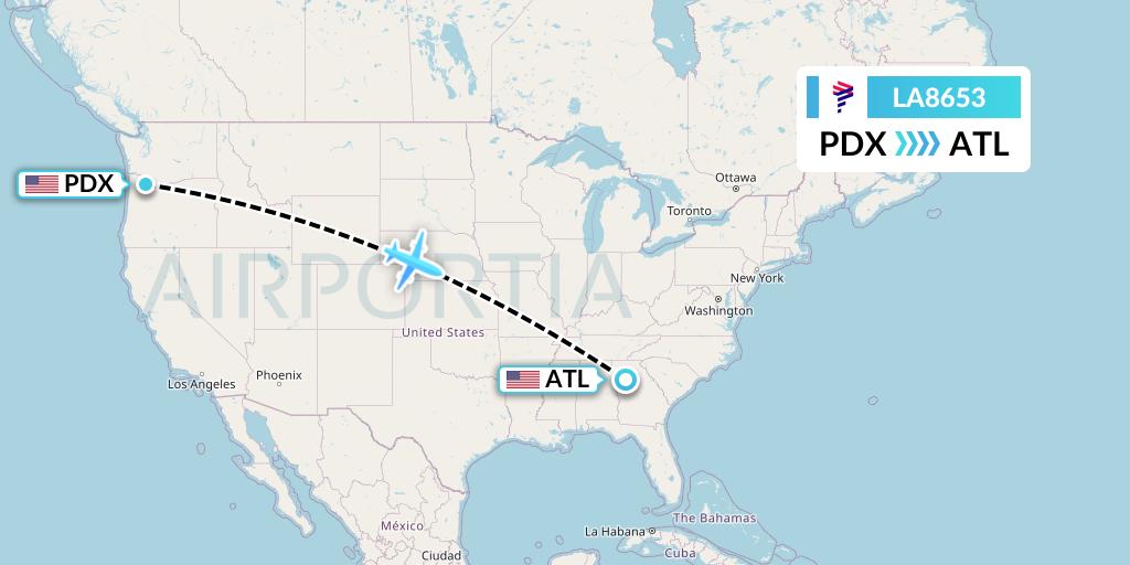 LA8653 LAN Airlines Flight Map: Portland to Atlanta