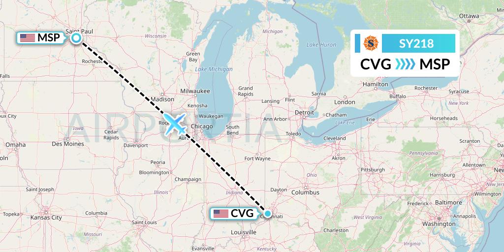 SY218 Sun Country Airlines Flight Map: Cincinnati to Minneapolis
