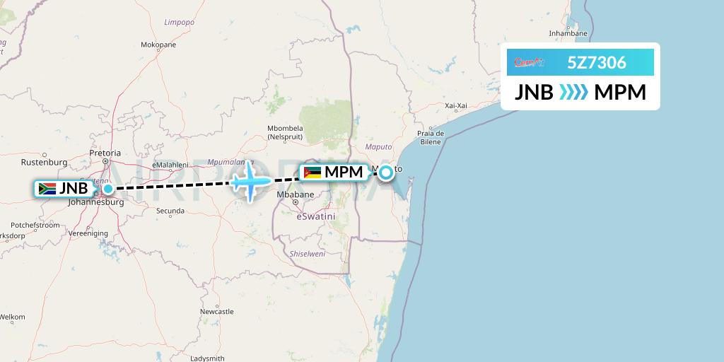5Z7306 CemAir Flight Map: Johannesburg to Maputo