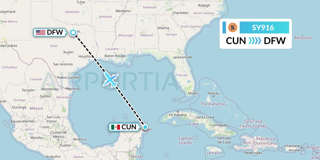 SY916 Sun Country Airlines Flight Map: Cancun to Dallas