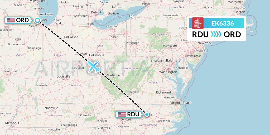 EK6336 Emirates Flight Map: Raleigh-Durham to Chicago