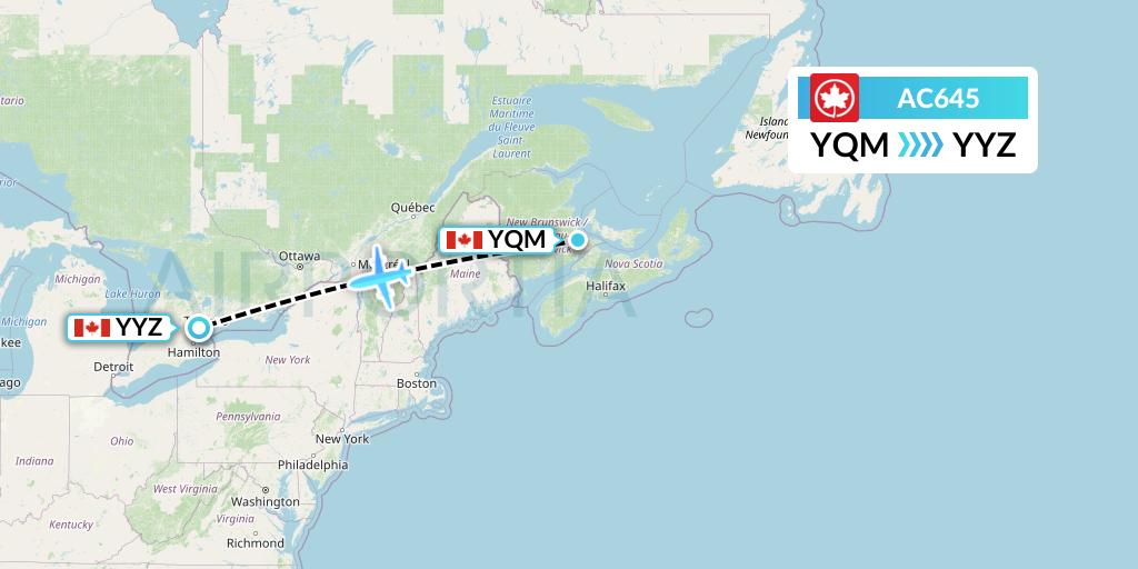 AC645 Air Canada Flight Map: Moncton to Toronto