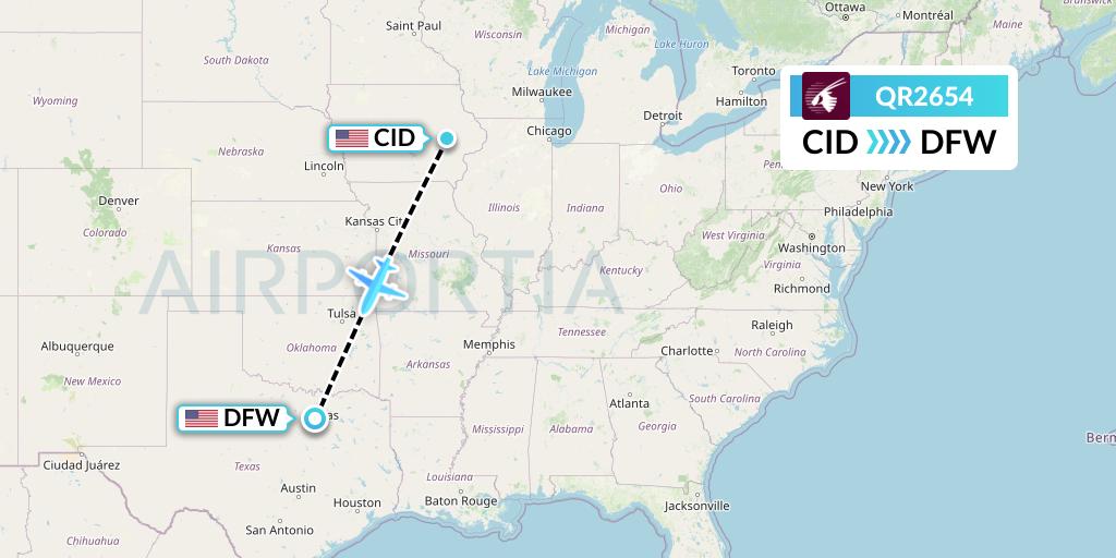 QR2654 Qatar Airways Flight Map: Cedar Rapids to Dallas