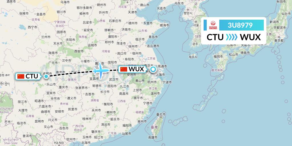 3U8979 Sichuan Airlines Flight Map: Chengdu to Wuxi