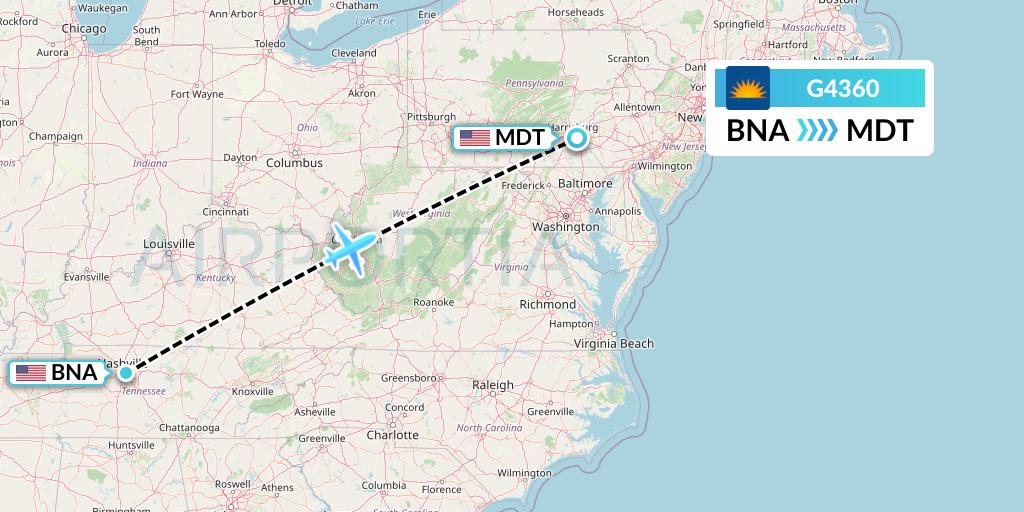 G4360 Allegiant Air Flight Map: Nashville to Harrisburg