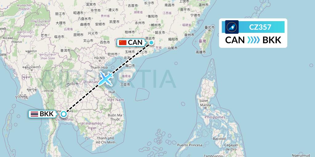 CZ357 China Southern Airlines Flight Map: Guangzhou to Bangkok