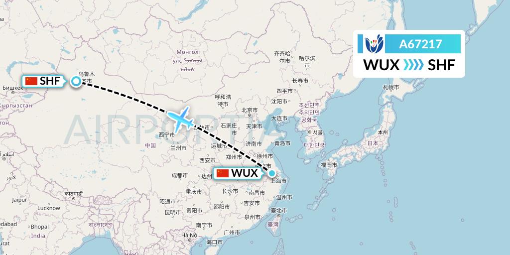 A67217 Hongtu Airlines Flight Map: Wuxi to Shihezi