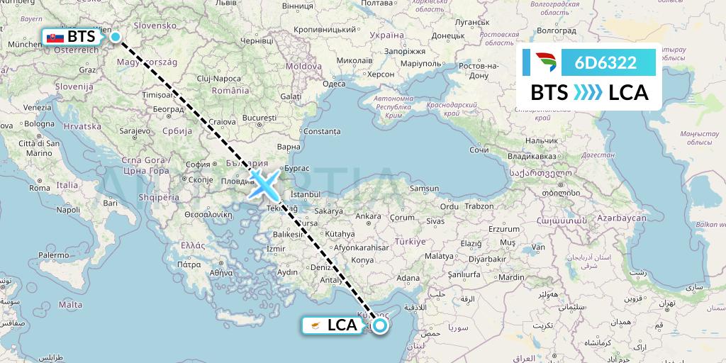 6D6322 Travel Service Slovakia Flight Map: Bratislava to Larnaca