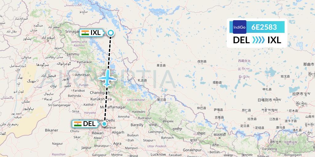 6E2583 IndiGo Airlines Flight Map: Delhi to Leh