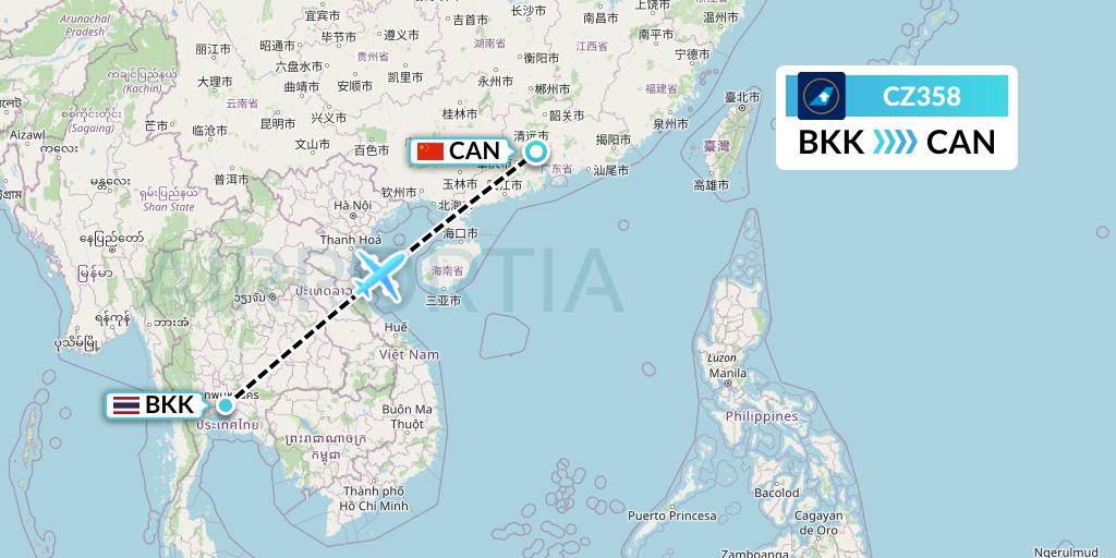 CZ358 China Southern Airlines Flight Map: Bangkok to Guangzhou