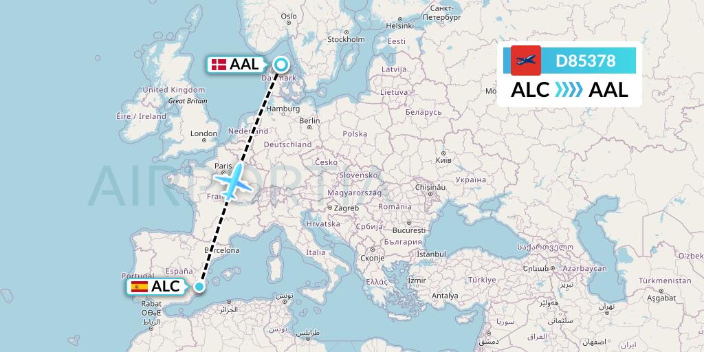 D85378 Norwegian Air International Flight Map: Alicante to Aalborg