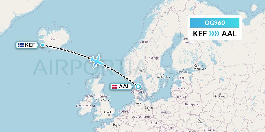 OG960 Fly Play Flight Map: Reykjavik to Aalborg