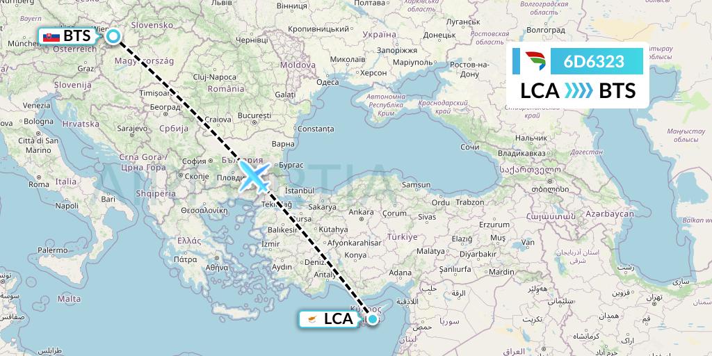 6D6323 Travel Service Slovakia Flight Map: Larnaca to Bratislava