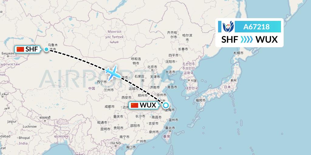A67218 Hongtu Airlines Flight Map: Shihezi to Wuxi