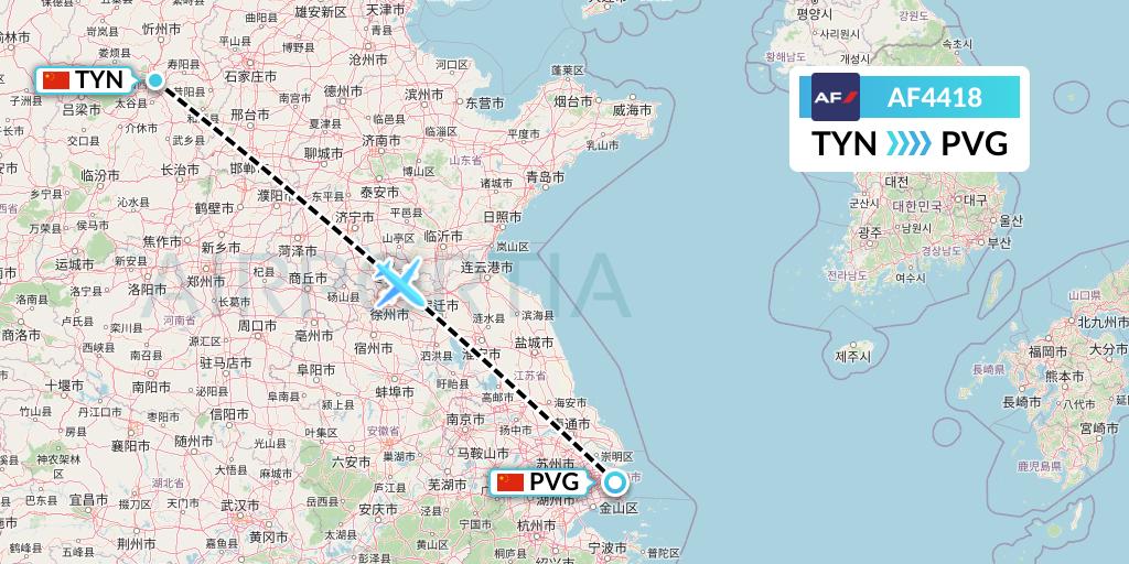 AF4418 Air France Flight Map: Taiyuan to Shanghai