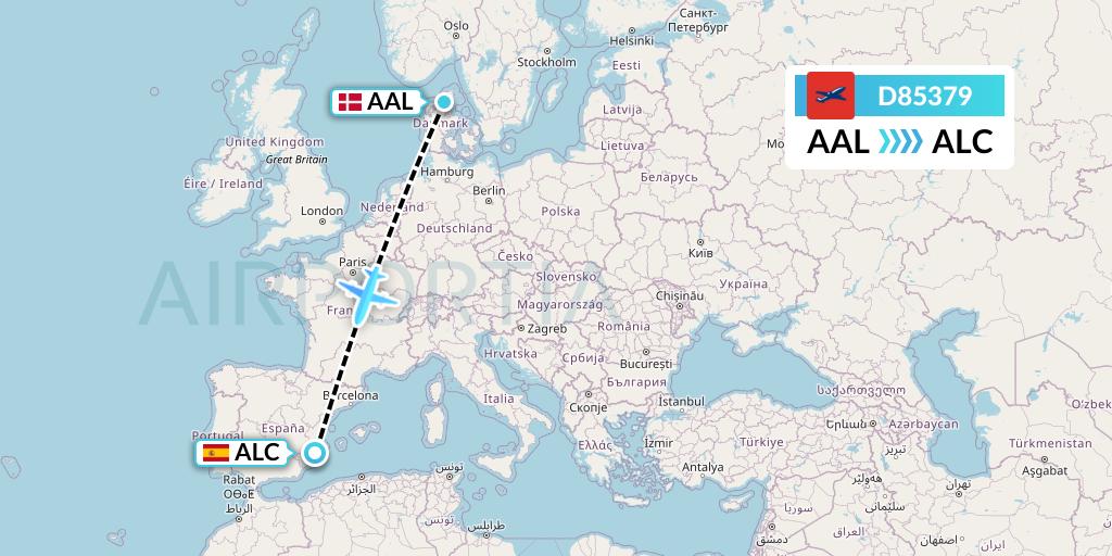 D85379 Norwegian Air International Flight Map: Aalborg to Alicante
