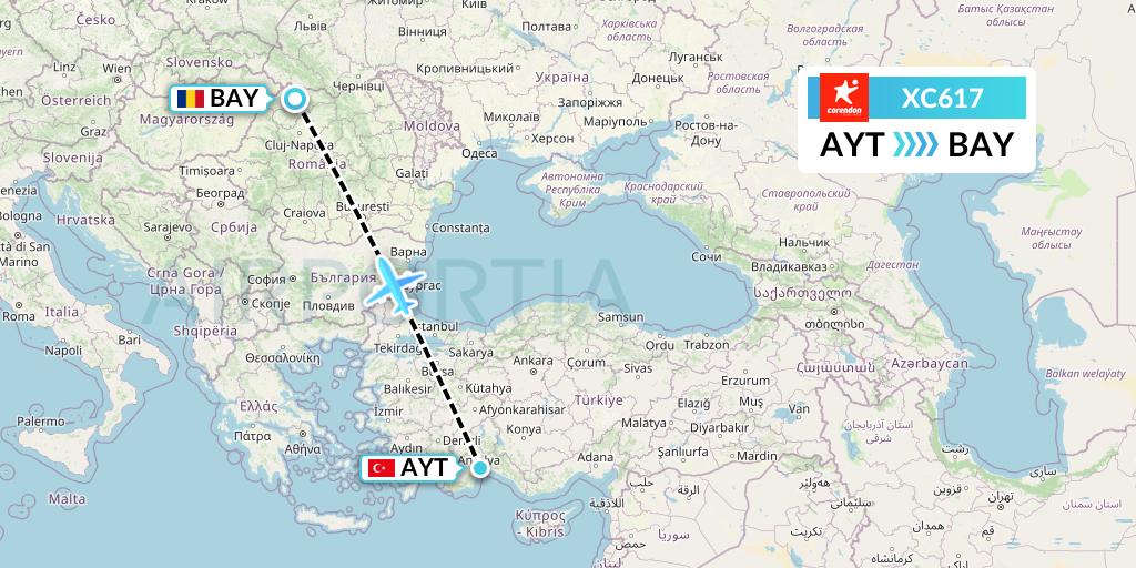 XC617 Corendon Airlines Flight Map: Antalya to Baia Mare