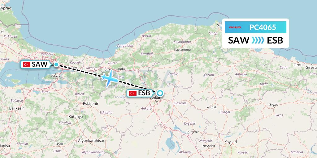 PC4065 Pegasus Airlines Flight Map: Istanbul to Ankara
