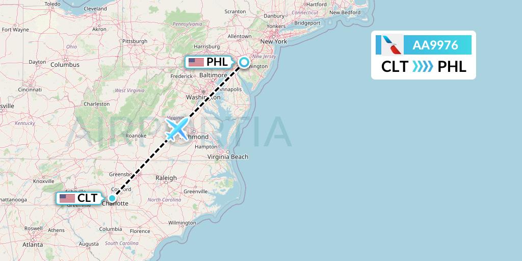 AA9976 American Airlines Flight Map: Charlotte to Philadelphia
