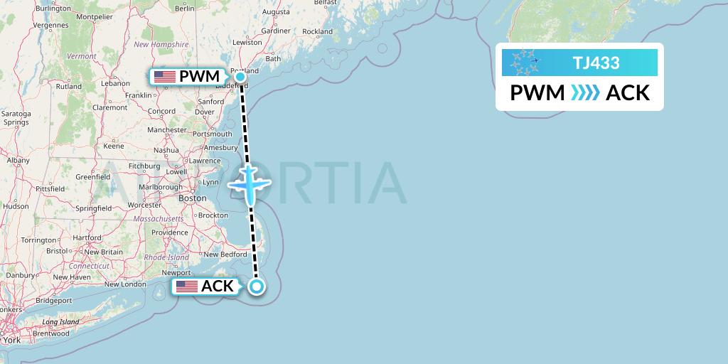 TJ433 Tradewind Aviation Flight Map: Portland to Nantucket
