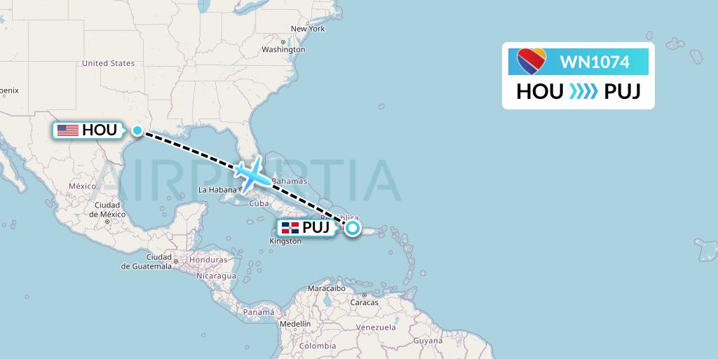 WN1074 Southwest Airlines Flight Map: Houston to Punta Cana