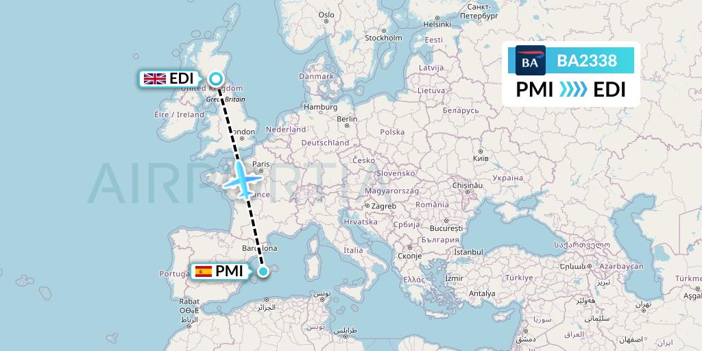 BA2338 British Airways Flight Map: Palma de Mallorca to Edinburgh