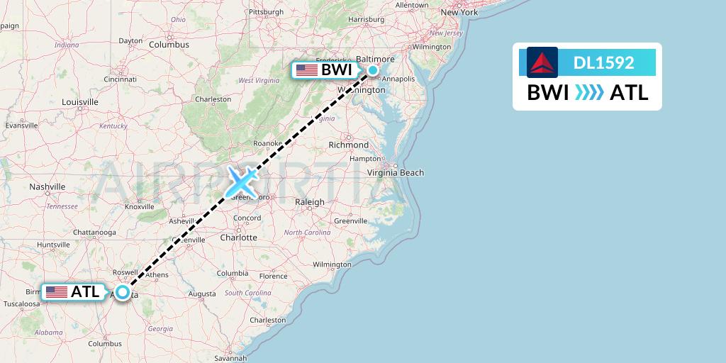DL1592 Delta Air Lines Flight Map: Baltimore to Atlanta