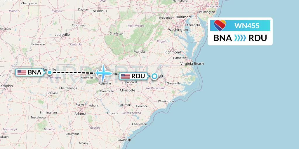 WN455 Flight Status Southwest Airlines Nashville to RaleighDurham