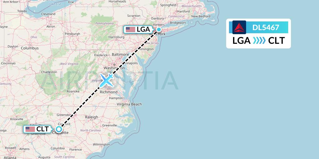 DL5467 Delta Air Lines Flight Map: New York to Charlotte