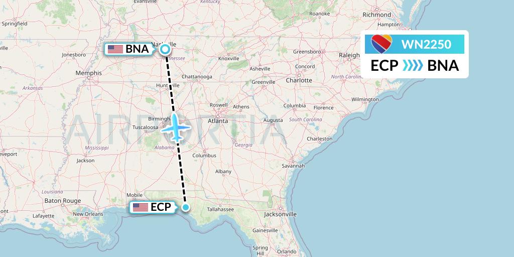 WN2250 Southwest Airlines Flight Map: Panama City to Nashville