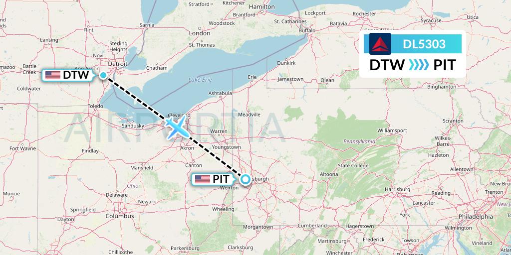 DL5303 Delta Air Lines Flight Map: Detroit to Pittsburgh
