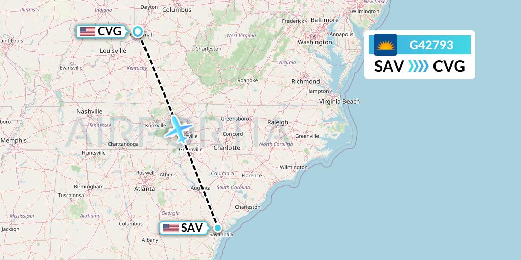 G42793 Allegiant Air Flight Map: Savannah to Cincinnati