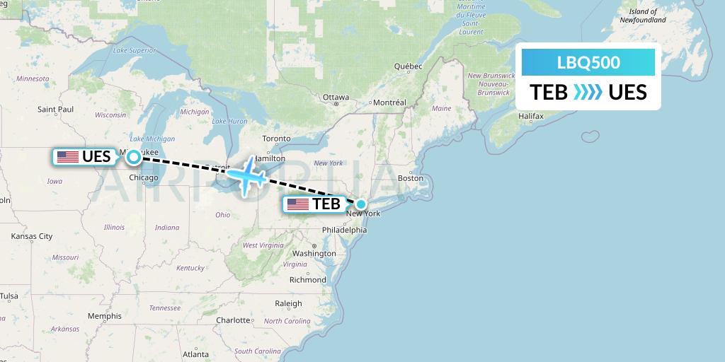 LBQ500 Quest Diagnostics Flight Map: Teterboro to Waukesha