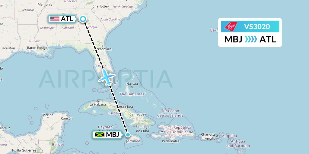 VS3020 Virgin Atlantic Airways Flight Map: Montego Bay to Atlanta
