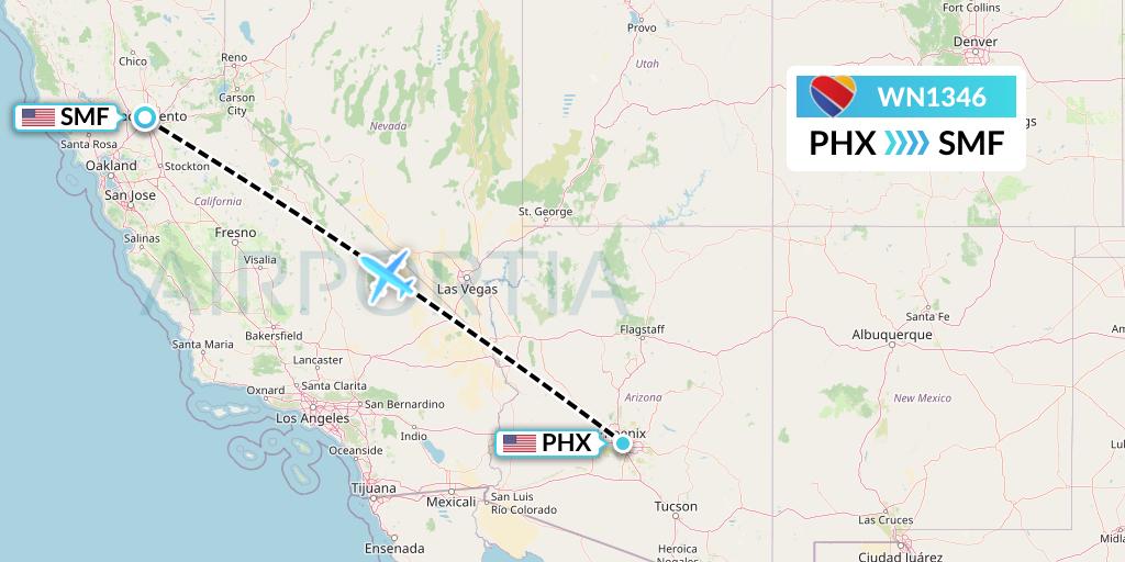 WN1346 Southwest Airlines Flight Map: Phoenix to Sacramento