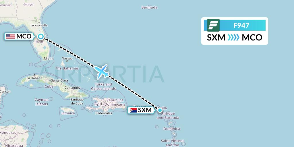 F947 Frontier Airlines Flight Map: Sint Maarten to Orlando