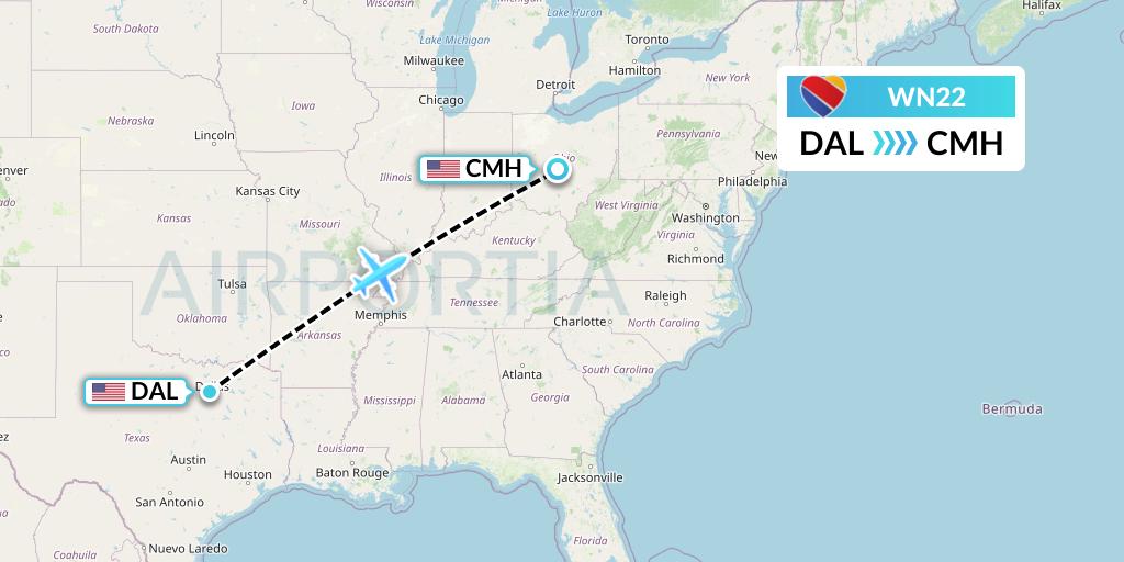 WN22 Southwest Airlines Flight Map: Dallas to Columbus
