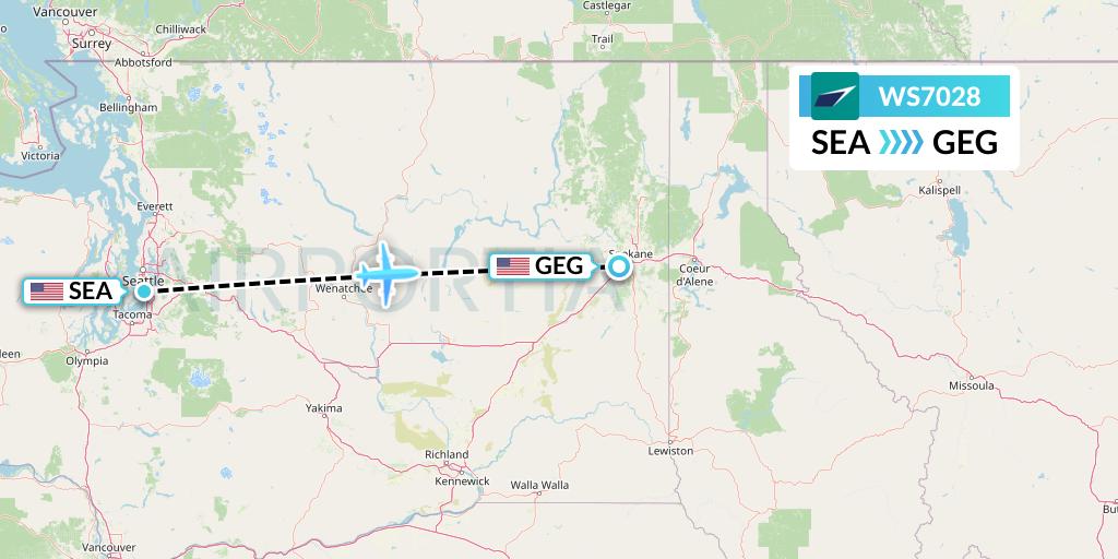 WS7028 WestJet Flight Map: Seattle to Spokane