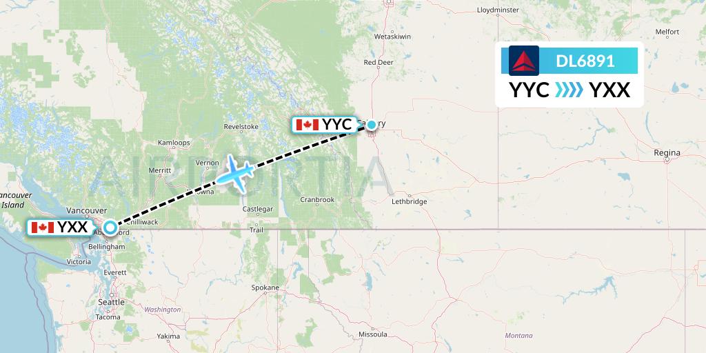 DL6891 Delta Air Lines Flight Map: Calgary to Abbotsford