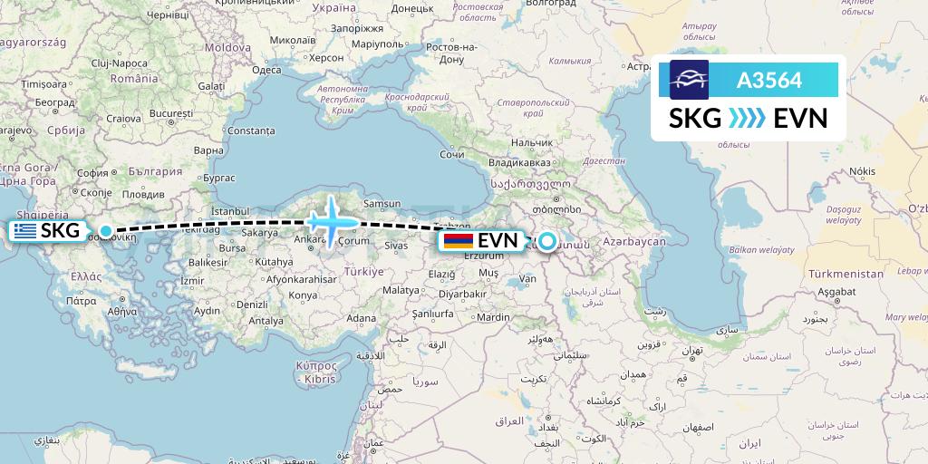 A3564 Aegean Airlines Flight Map: Thessaloniki to Yerevan